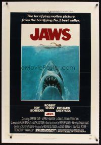 3k369 JAWS linen domestic 1sh '75 Steven Spielberg classic man-eating shark attacking sexy swimmer!