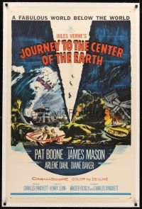 3k372 JOURNEY TO THE CENTER OF THE EARTH linen 1sh '59 Jules Verne, great sci-fi monster artwork!
