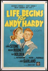 3k391 LIFE BEGINS FOR ANDY HARDY linen style D 1sh '41 stone litho of Judy Garland & Mickey Rooney!