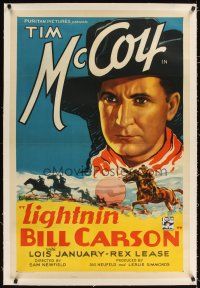 3k392 LIGHTNIN' BILL CARSON linen 1sh '36 cool super close up art of cowboy Tim McCoy!