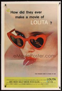 3k394 LOLITA linen 1sh '62 Stanley Kubrick, sexy Sue Lyon with heart sunglasses & lollipop!