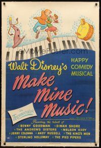 3k405 MAKE MINE MUSIC linen 1sh '46 Walt Disney full-length feature cartoon, musical art!