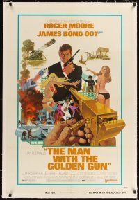3k407 MAN WITH THE GOLDEN GUN linen 1sh '74 art of Roger Moore as James Bond by Robert McGinnis!
