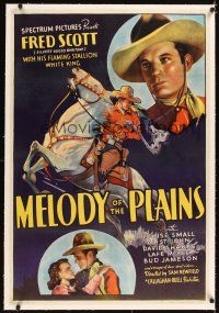 3k410 MELODY OF THE PLAINS linen 1sh '37 artwork of cowboy Fred Scott on horse & in two insets!