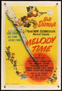 3k411 MELODY TIME linen 1sh '48 Walt Disney, cool cartoon art of Pecos Bill, Little Toot & more!