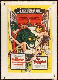 3k417 MONSTER THAT CHALLENGED THE WORLD/VAMPIRE linen 1sh '57 a double-shock horror show!
