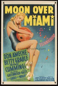 3k419 MOON OVER MIAMI linen style B 1sh '41 full-length art of sexy Betty Grable holding beachball!