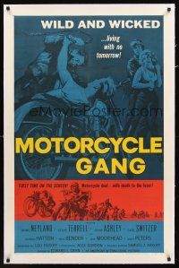 3k420 MOTORCYCLE GANG linen 1sh '57 wild & wicked, living with no tomorrow, rare different coloring