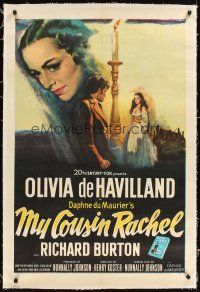 3k423 MY COUSIN RACHEL linen 1sh '53 artwork of pretty Olivia de Havilland & Richard Burton!