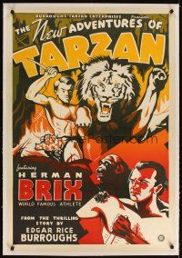 3k431 NEW ADVENTURES OF TARZAN linen 1sh '35 artwork of Herman Brix, chimp & lion, jungle serial!