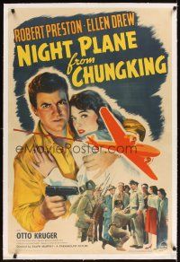 3k433 NIGHT PLANE FROM CHUNGKING linen 1sh '43 art of Robert Preston with gun holding Ellen Drew!