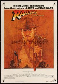 3k453 RAIDERS OF THE LOST ARK linen 1sh '81 great art of adventurer Harrison Ford by Richard Amsel!