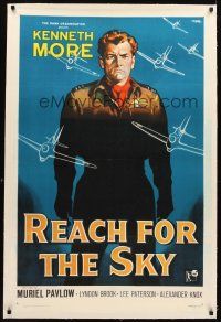 3k455 REACH FOR THE SKY linen 1sh '57 art of English pilot Kenneth More + RAF airplanes by Nistri!