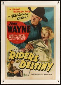 3k462 RIDERS OF DESTINY linen 1sh R47 great close image of young cowboy John Wayne with gun!