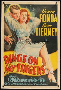 3k463 RINGS ON HER FINGERS linen 1sh '42 stone litho of Henry Fonda swindled by sexy Gene Tierney!