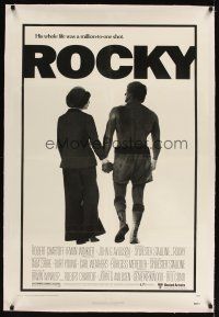 3k469 ROCKY linen 1sh '76 by Sylvester Stallone holding hands with Talia Shire, boxing classic!