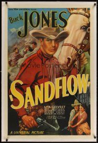 3k472 SANDFLOW linen 1sh '37 cool artwork of cowboy Buck Jones with smoking gun by his horse!