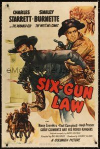 3k481 SIX-GUN LAW linen 1sh '48 cool art of Charles Starrett as the Durango Kid, Smiley Burnette