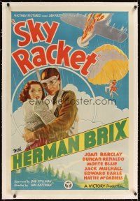 3k484 SKY RACKET linen 1sh '37 Herman Brix, Joan Barclay, cool airplane & parachute art!