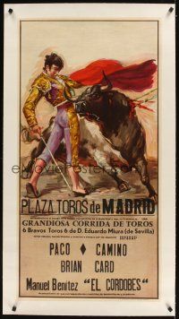 3k175 PLAZA TOROS DE MADRID linen Spanish 21x41 tourist poster '80s wonderful matador artwork!
