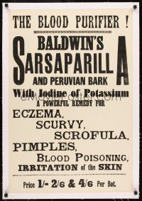 3k195 BALDWIN'S SARSAPARILLA & PERUVIAN BARK linen 20x30 English advertising poster '30s cures all!