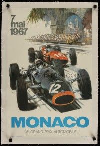 3k217 MONACO linen French commercial 16x24 '80s Turner Formula One Grand Prix racing art, 2 racers!