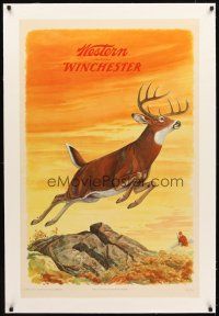 3k189 WESTERN - WINCHESTER linen 26x40 advertising poster '55 J.G. Woods art of hunter & deer!