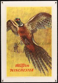 3k190 WESTERN - WINCHESTER linen 28x42 advertising poster '55 Pursell art of hunter & pheasant!
