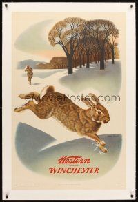 3k191 WESTERN - WINCHESTER linen 26x40 advertising poster '55 Pursell art of hunter & rabbit!
