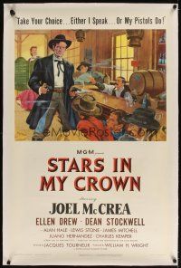 3k495 STARS IN MY CROWN linen 1sh '50 either Joel McCrea speaks or his pistols do, cool artwork!