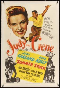 3k499 SUMMER STOCK linen 1sh '50 giant headshot of Judy Garland & Gene Kelly dancing in mid-air!
