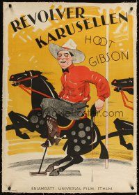 3k023 PAINTED PONIES linen Swedish '27 art of carousel cowboy Hoot Gibson shooting gun on horse!