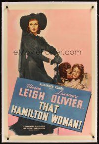 3k508 THAT HAMILTON WOMAN linen 1sh '41 full-length Vivien Leigh & kissed by Laurence Olivier!