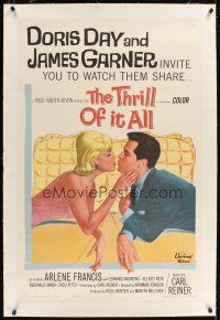 3k514 THRILL OF IT ALL linen 1sh '63 wonderful artwork of Doris Day kissing James Garner!