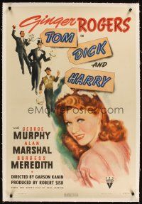 3k519 TOM, DICK & HARRY linen 1sh '41 c/u art of pretty Ginger Rogers, Murphy, Marshal & Meredith!