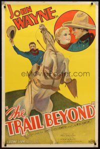 3k521 TRAIL BEYOND linen 1sh '34 full-length stone litho of John Wayne on rearing horse & w/ girl!