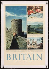 3k162 BRITAIN linen English travel poster '50s ancient castles & picturesque villages!