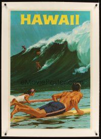 3k156 HAWAII linen travel poster '60s cool artwork of surfers riding a huge wave by Chas Allen!