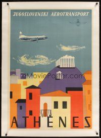3k169 JUGOSLOVENSKI AEROTRANSPORT: ATHENES linen Yugoslavian travel poster '55 art by Milenkovic!