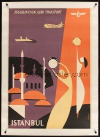 3k168 JUGOSLOVENSKI AERO TRANSPORT: ISTANBUL linen Yugoslavian travel poster '60s cool Sprewo art!