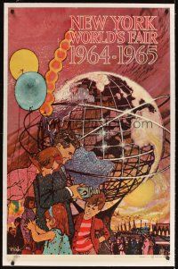 3k157 NEW YORK WORLD'S FAIR linen travel poster '64 cool Bob Peak art of family & Unisphere!