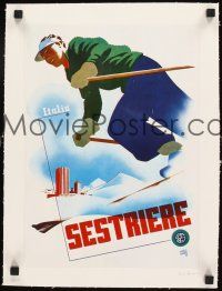 3k167 SESTRIERE linen Italian travel poster '50s cool skiing artwork by Mario Puppo!