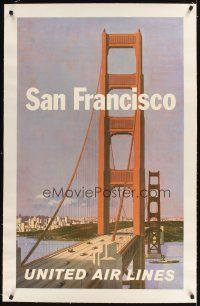 3k158 UNITED AIRLINES SAN FRANCISCO linen travel poster 1950s Stan Galli art of Golden Gate Bridge!