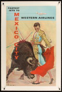 3k160 WESTERN AIRLINES MEXICO CITY linen travel poster '60s great Luser art of matador & bull!