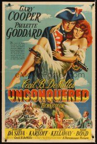 3k525 UNCONQUERED linen 1sh '47 art of Gary Cooper holding Paulette Goddard & two guns!