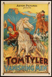 3k528 VANISHING MEN linen 1sh R30s art of sheriff Tom Tyler on horseback lassoing bad guy!