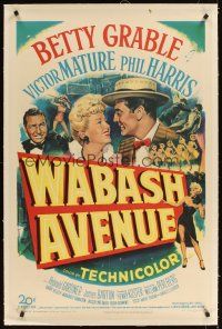 3k533 WABASH AVENUE linen 1sh '50 artwork of Betty Grable & Victor Mature smiling at each other!
