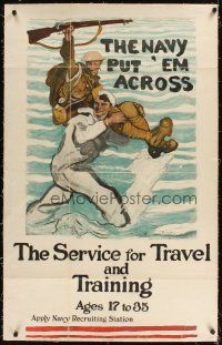 3k170 NAVY PUT 'EM ACROSS linen 29x46 WWI Navy recruiting war poster '18 Henry Reuterdahl art!