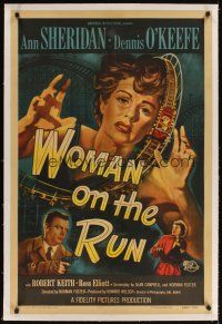 3k544 WOMAN ON THE RUN linen 1sh '50 art of Ann Sheridan & Dennis O'Keefe + rollercoaster, noir!