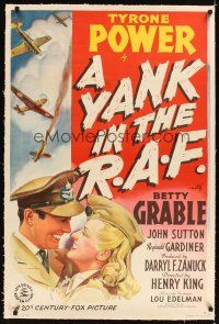 3k546 YANK IN THE R.A.F. linen 1sh '41 stone litho of Tyrone Power & Betty Grable in uniform!